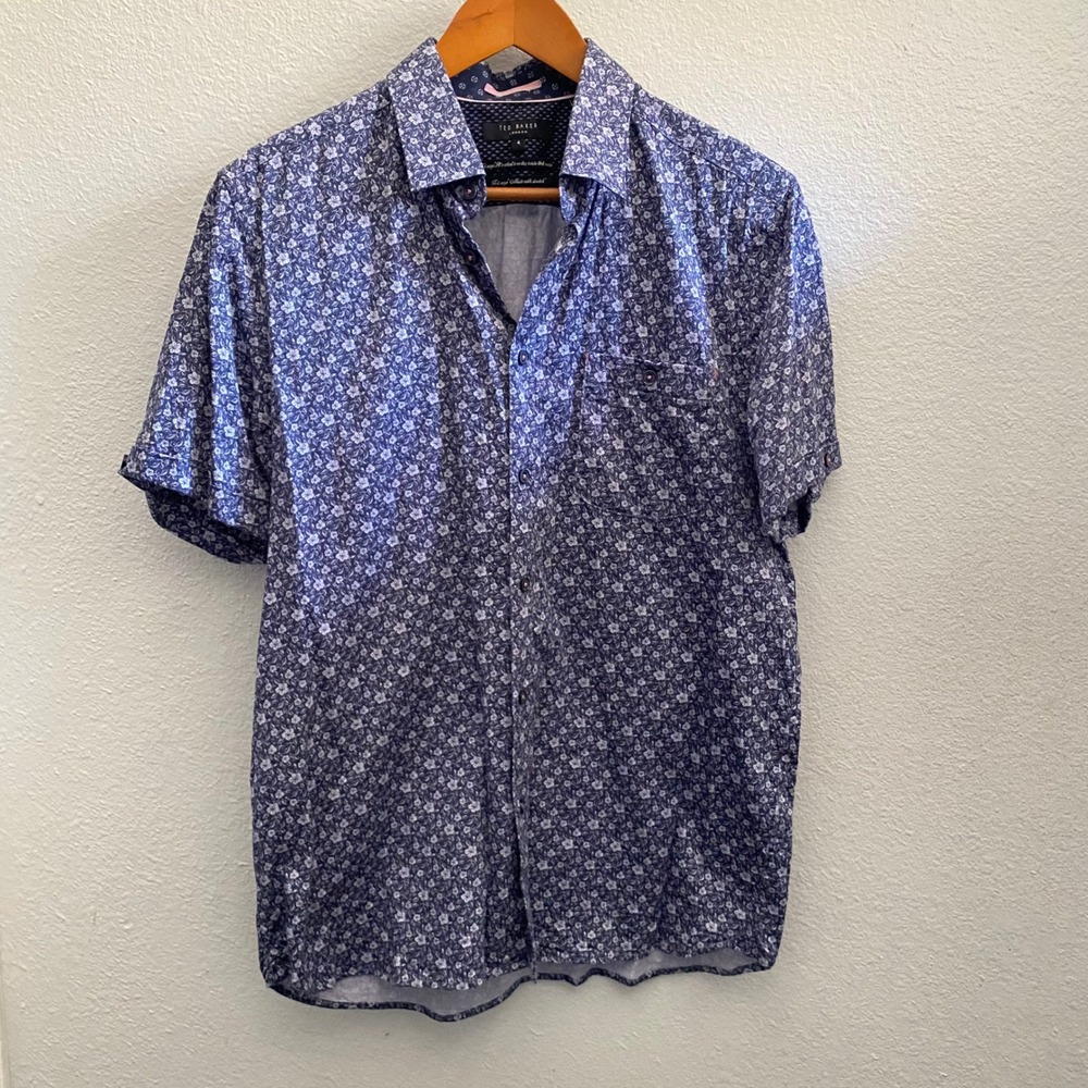 Ted Baker London Snobark Blue Floral Short Sleeve Button Down Mens Size 4